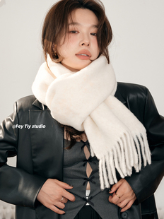 品牌渠道货含羊毛纯色马海毛围巾秋冬奶白色百搭保暖披肩情侣围脖
