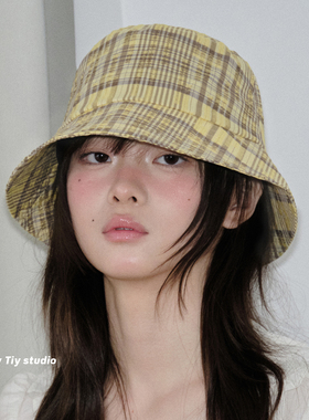 feytiy 黄黑格 复古撞色格纹渔夫帽春夏季百搭遮阳防晒盆帽显脸小