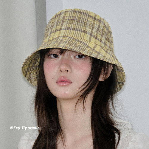 黄黑格复古撞色格纹渔夫帽春夏季