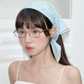 feytiy 柔软纯棉蓝色小格子方巾包头头巾绑发丝巾女百搭春夏韩版