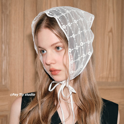 Jennie同款三角巾头巾领系带蕾丝