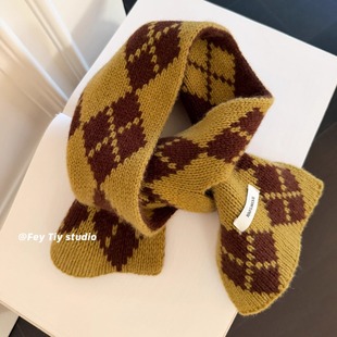 feytiy 纯羊毛菱形格复古拼色穿插围脖 礼物情侣男女冬季保暖围巾