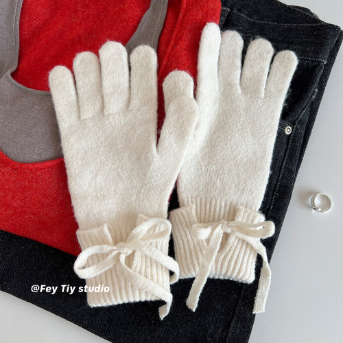 软糯加长保暖蝴蝶结针织毛线手套