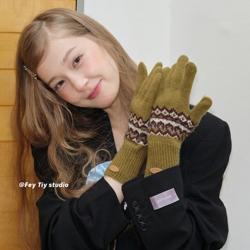 费尔岛风提花针织手套保暖防寒