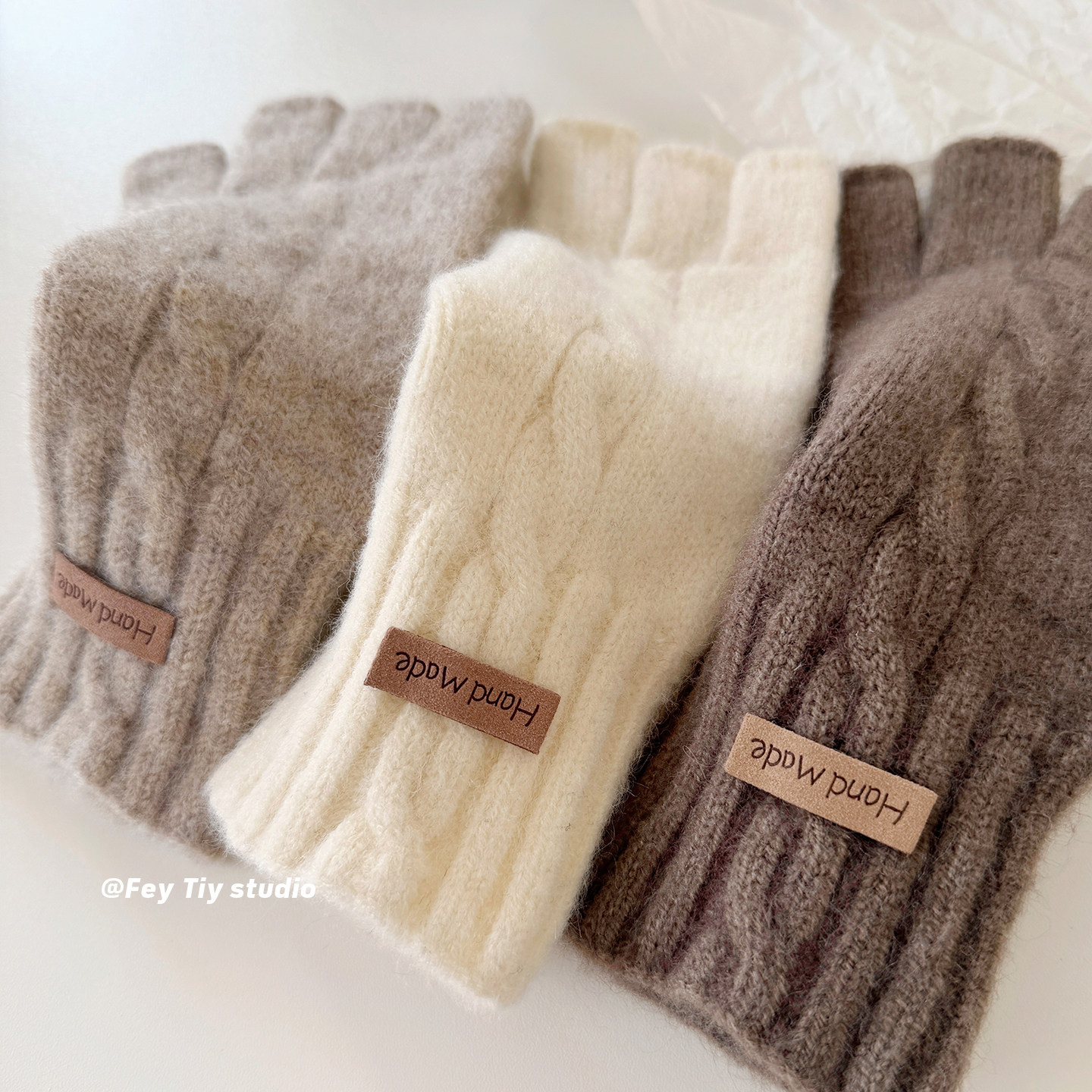 feytiy 奢柔半指手套 含羊毛麻花针织冬季加厚保暖男女可触屏分指