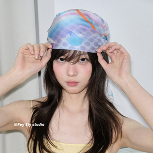 feytiy 夏日清新手绘画原创丝巾包头头巾百搭时髦方巾女 冒险乐园