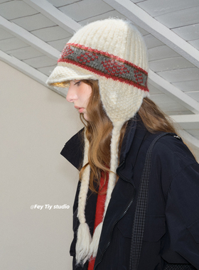 feytiy 复古时髦 针织护耳帽短檐辫子飞行员帽秋冬百搭保暖毛线帽