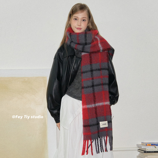 定制 新款 格雷灰 含羊毛英伦风加厚围巾冬季 保暖披肩 酒红 feytiy