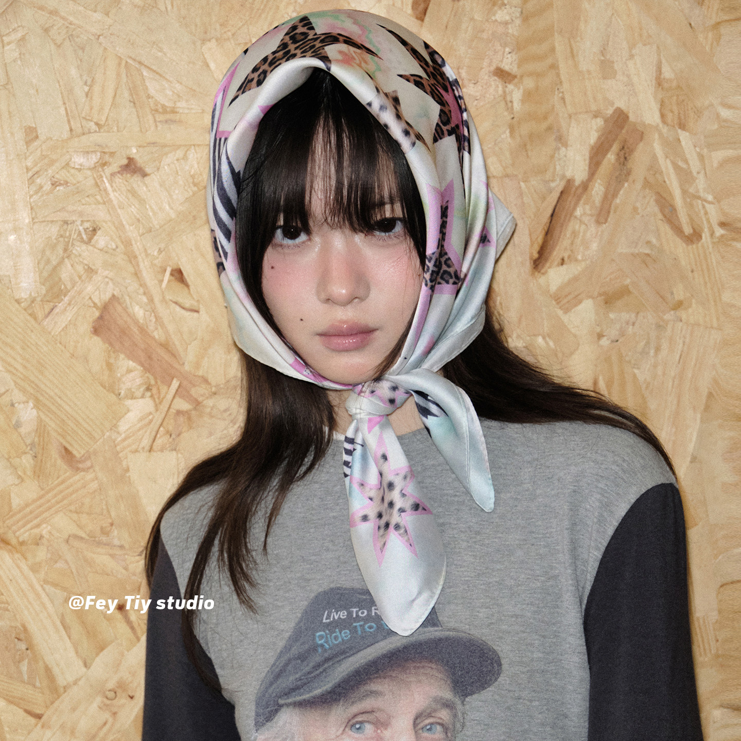 feytiy 甜酷辣妹 豹纹星星丝巾包头头巾女春夏新仿真丝方巾百搭