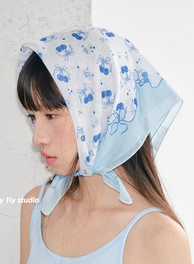 feytiy 可爱蓝色小樱桃 柔软棉麻丝巾头巾小方巾系脖春夏小围巾韩
