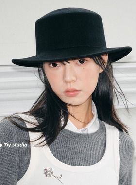 feytiy 高品质100%纯羊毛礼帽 英伦复古经典平顶帽秋冬平檐毛呢帽