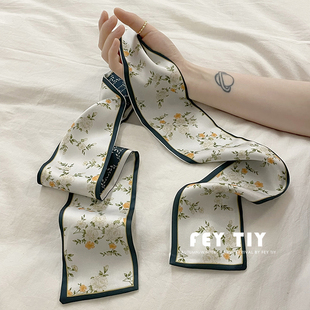 饰印花领巾发带绑包丝带飘带 绿色森野小丝巾细长条窄围巾女碎花装