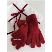 feytiy 100%澳洲羊毛 爱心金扣针织手套女可触屏秋冬保暖毛线分指