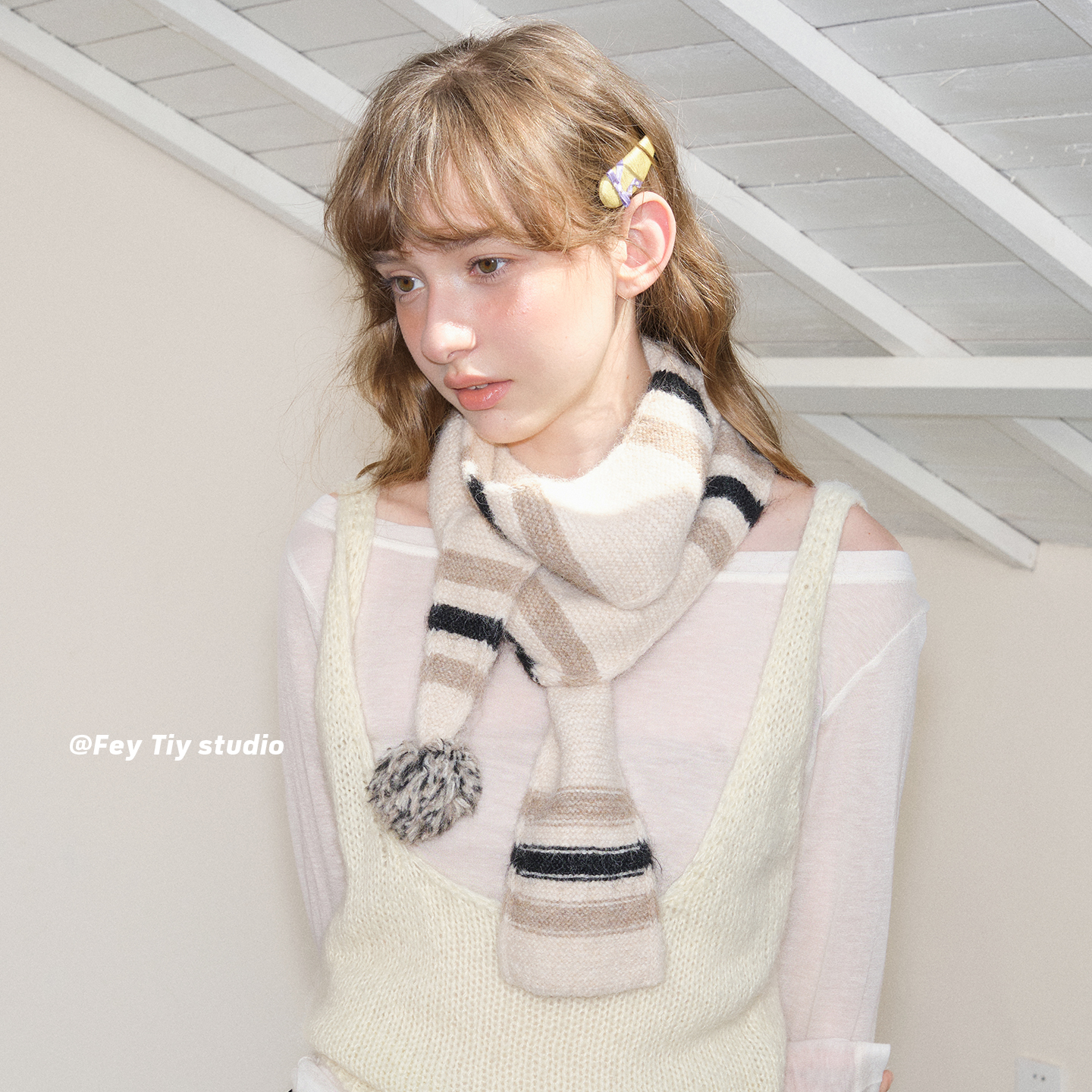 feytiy 雪地里的球球 针织条纹围巾帽子套装女秋冬季米色保暖百搭