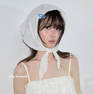 棉麻三角巾女春夏丝巾头巾装 法式 饰百搭围巾 布拉塔小花花 feytiy