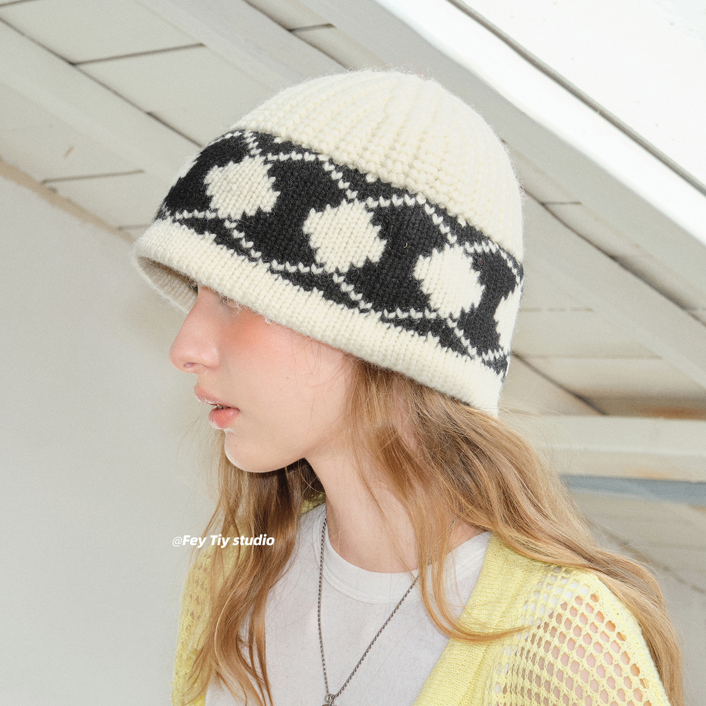 100%羊毛复古菱格针织渔夫帽秋冬