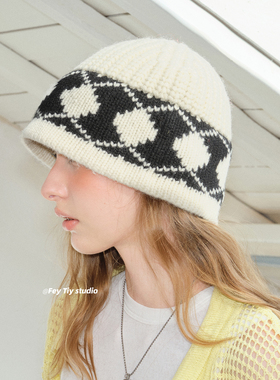 feytiy 修饰脸型100%羊毛复古菱格针织渔夫帽女 秋冬保暖线帽盆帽