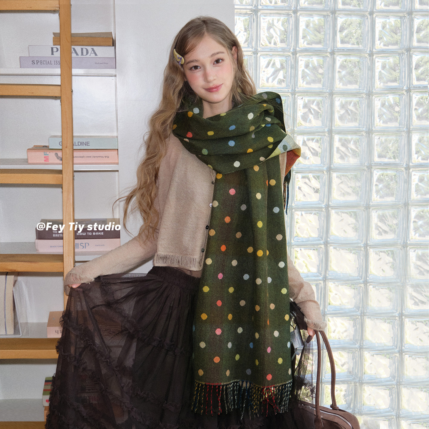 复古波点软糯双面拼色保暖围巾