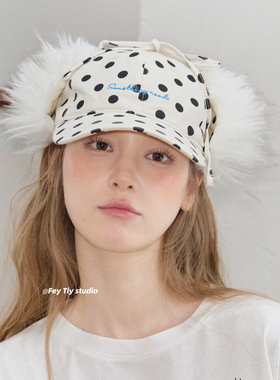 feytiy 复古波点刺绣护耳棒球帽女 冬季保暖毛毛个性鸭舌帽大头围