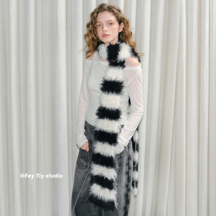 feytiy 10mm毛长 时髦百搭黑白条纹围巾女冬保暖百搭仿貂毛围脖男