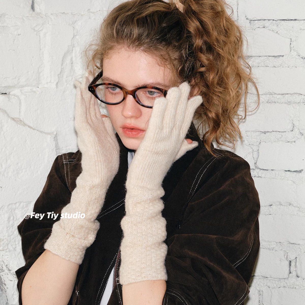 含羊毛纯色加长可折叠针织手套