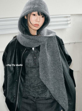 feytiy 含羊毛时髦复古巴拉克拉法帽秋冬保暖帽子围巾一体韩国ins