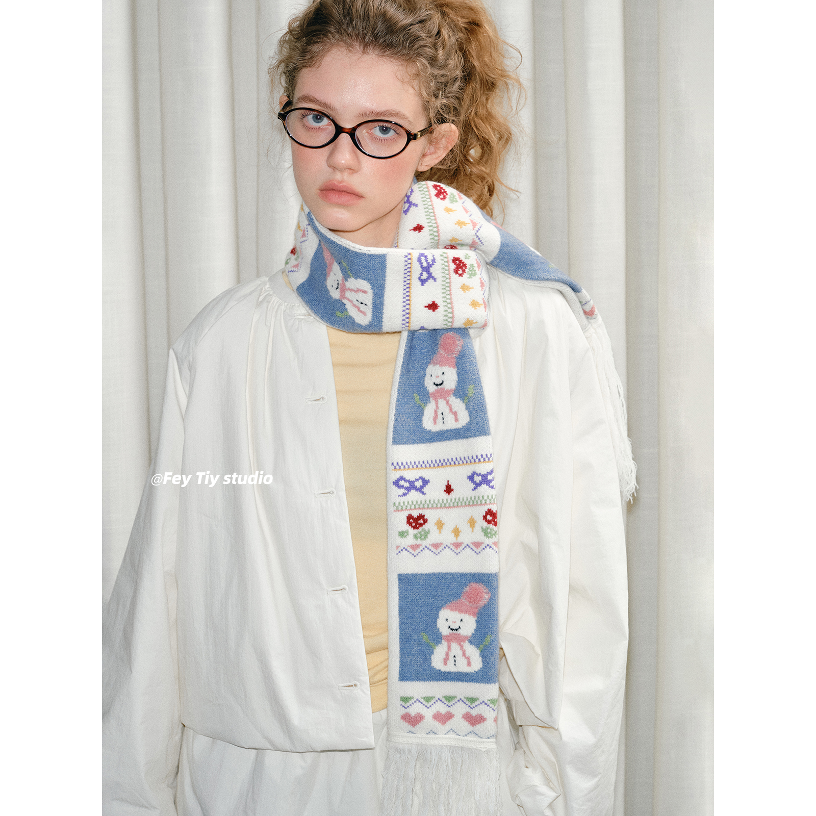 复古提花刺绣雪人围巾女冬季保暖