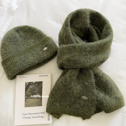 feytiy 含羊毛 定制软糯细腻纯色针织帽围巾2件套女 秋冬保暖加厚