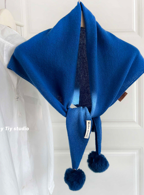 feytiy 100%羊毛针织围巾 外搭三角巾兔毛球球披肩秋冬保暖百搭女