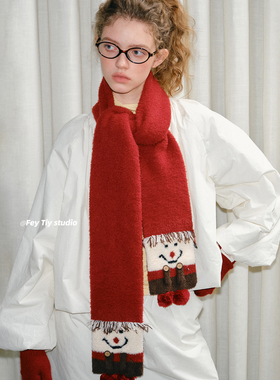 feytiy 春节红色卡通雪人围巾女秋冬保暖25新款百搭可爱围脖针织