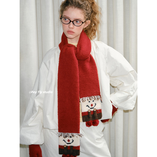 feytiy 百搭可爱围脖针织 春节红色卡通雪人围巾女秋冬保暖25新款