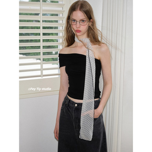 feytiy 复古时髦 25ss新款黑白波点丝巾女春夏辣妹长飘带薄款围巾