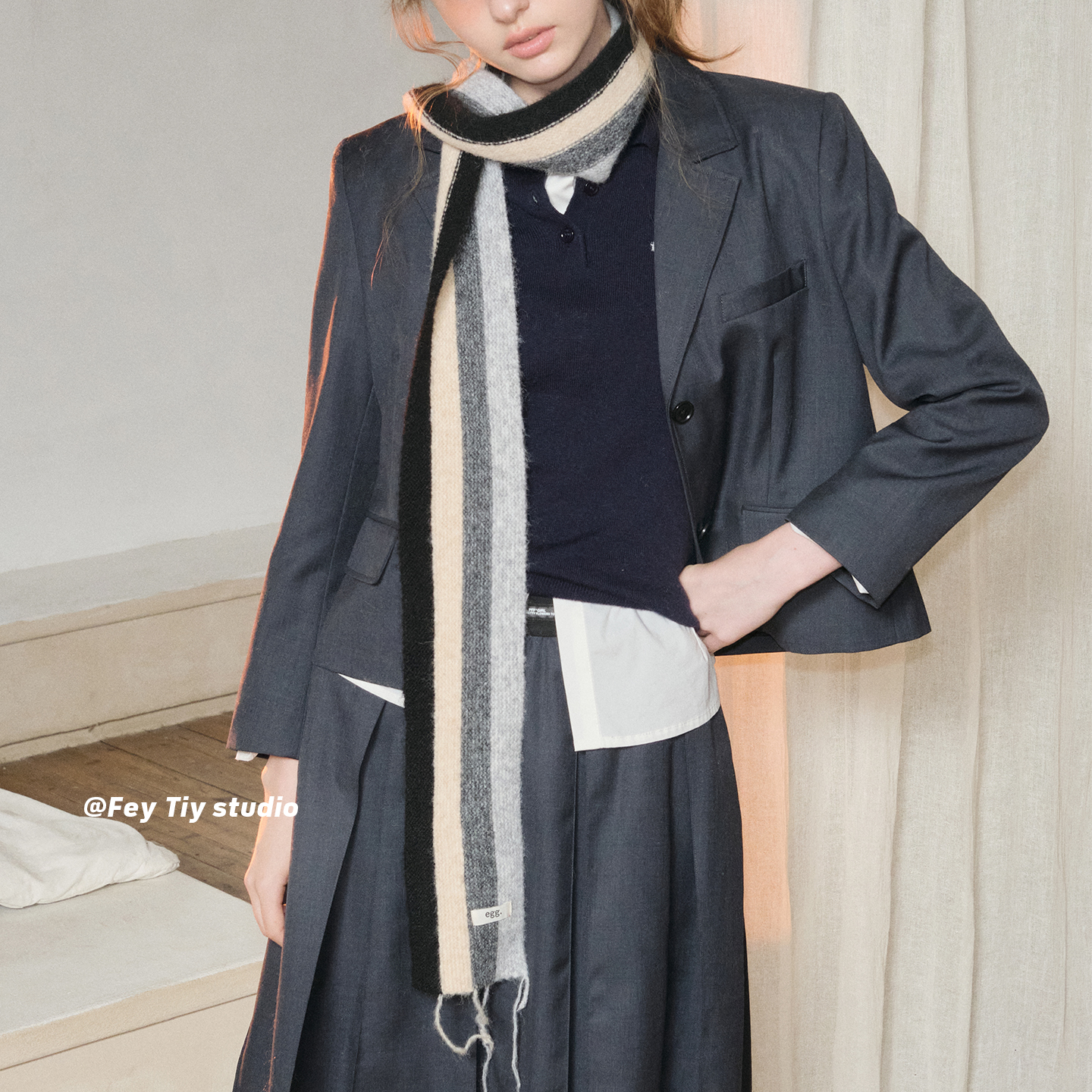 秋冬针织竖条纹拼色窄版长条围巾