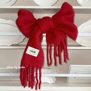 feytiy 圣诞红 柔软马海毛流苏围巾女冬季保暖披肩含羊毛围脖
