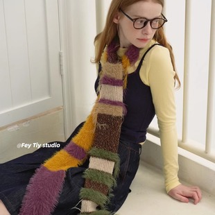 feytiy vintage拼色毛线条纹针织围巾百搭秋冬保暖围脖女时髦复古