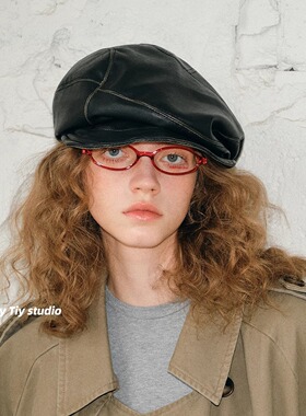 feytiy 不对称设计小众褶皱皮质报童帽 手工擦色帅气废土风八角帽