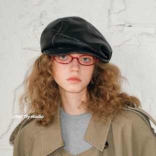 feytiy 不对称设计小众褶皱皮质报童帽 手工擦色帅气废土风八角帽