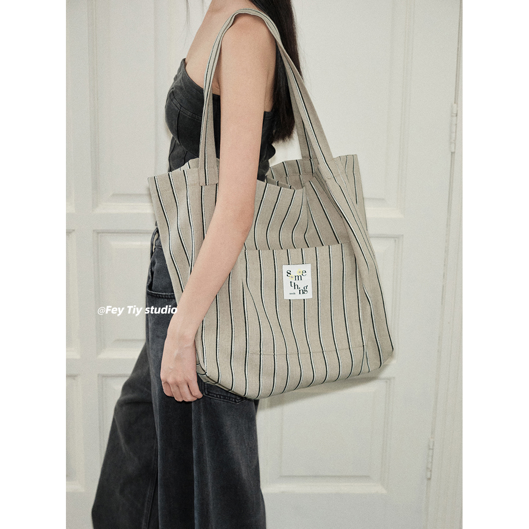 亚麻条纹帆布包大容量托特包