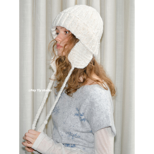 护耳混色翻檐飞行帽女系带 夹花毛线帽秋冬季 feytiy 韩国设计款