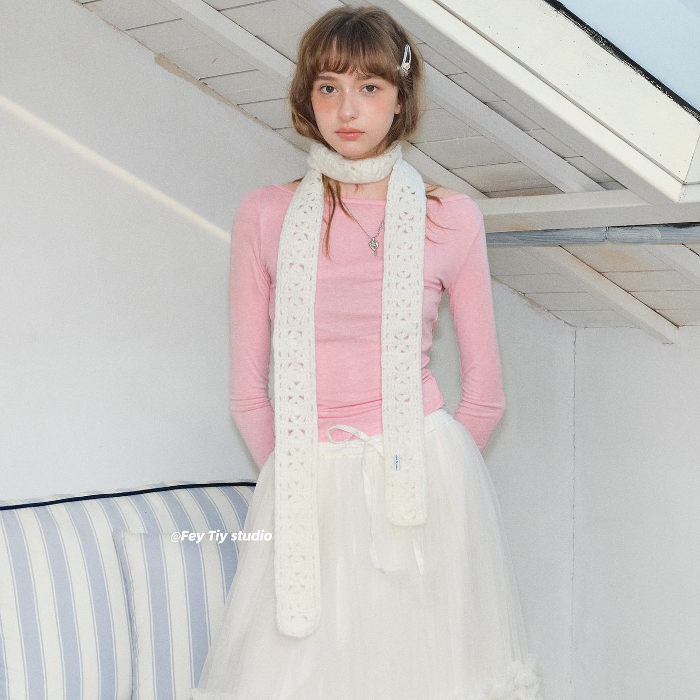 古早味纯手工钩花针织长条窄围巾