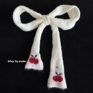 feytiy 古早感针织小樱桃细长条围巾女 秋冬可爱红色新款长围脖韩