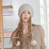 feytiy 纯羊毛球球 护耳显脸小针织帽女秋冬保暖百搭毛线堆堆帽