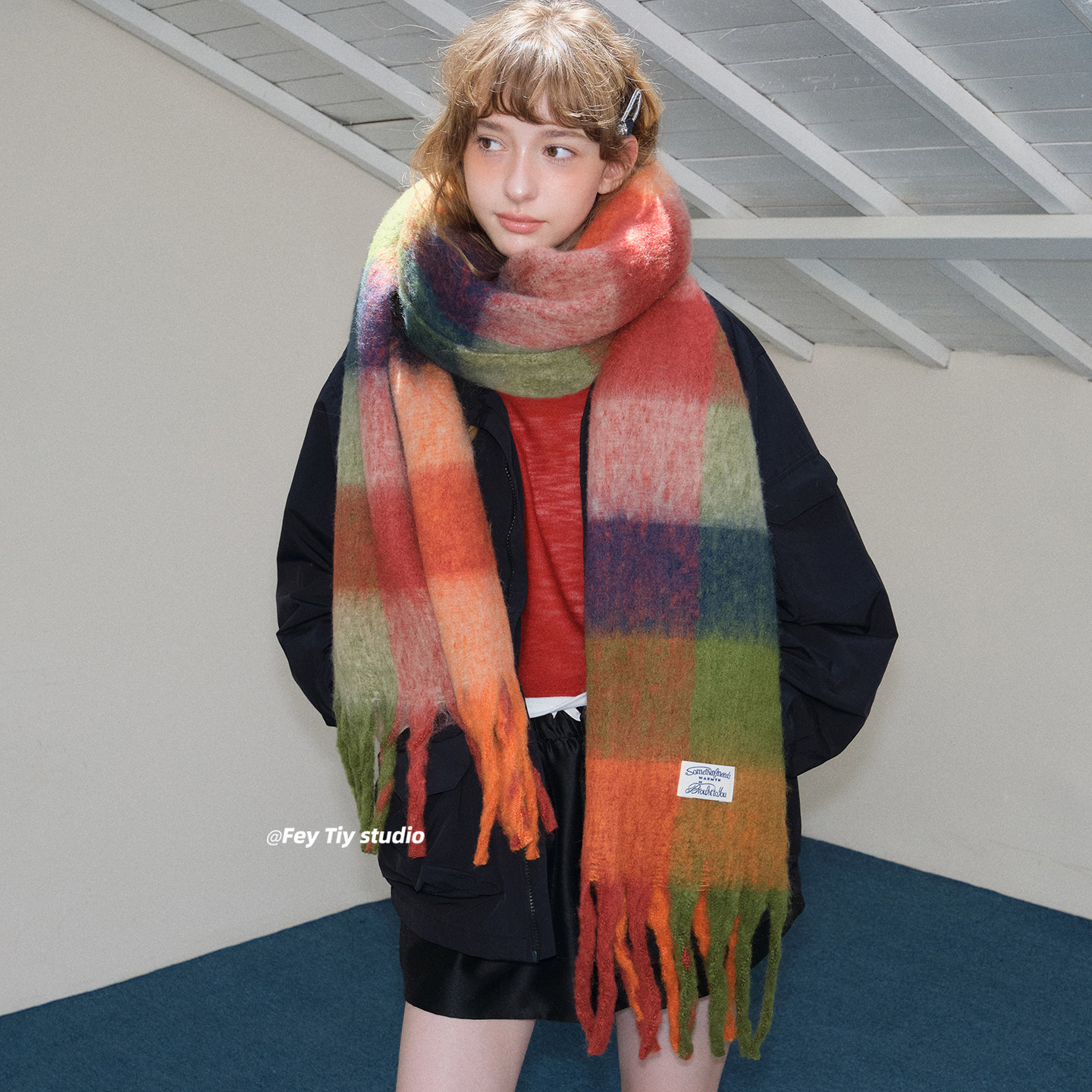 feytiy 彩虹格子 拉绒加大加厚围巾女秋冬季保暖披肩仿马海毛围脖