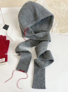 feytiy 手工缝边 含羊毛针织帽围巾一体百搭秋冬保暖护耳套头帽女
