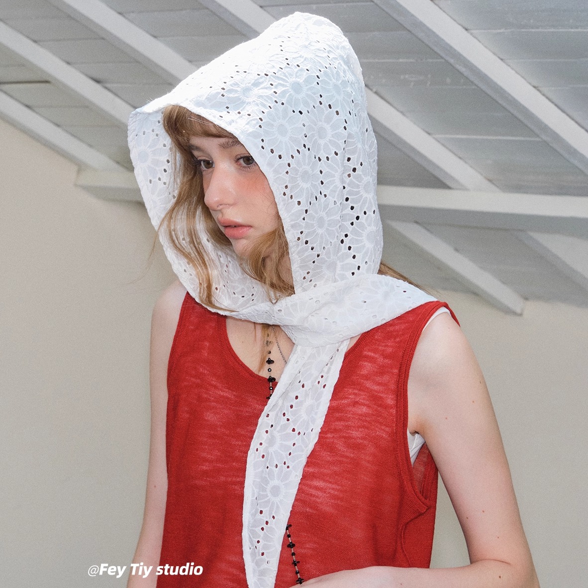 串珠纯棉刺绣小花连帽披肩外搭