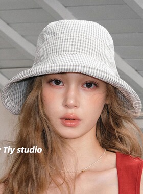feytiy 日本订单款 高品质透气棉麻渔夫帽格子防晒遮阳盆帽显脸小