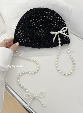 feytiy 定制强光珍珠+纯棉衔手工镂空包头帽钩织针织帽百搭韩版女