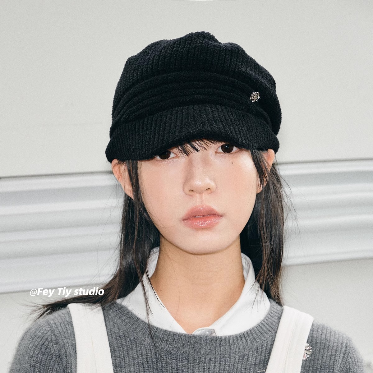 复古毛线马术帽针织短檐帽秋冬