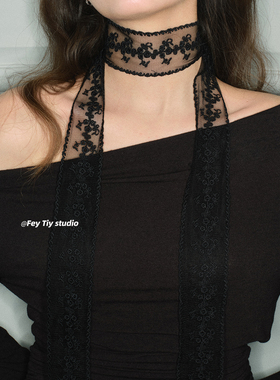 feytiy 黑色纯欲蕾丝飘带女细长条丝巾发带绑发装饰领巾腰带春夏