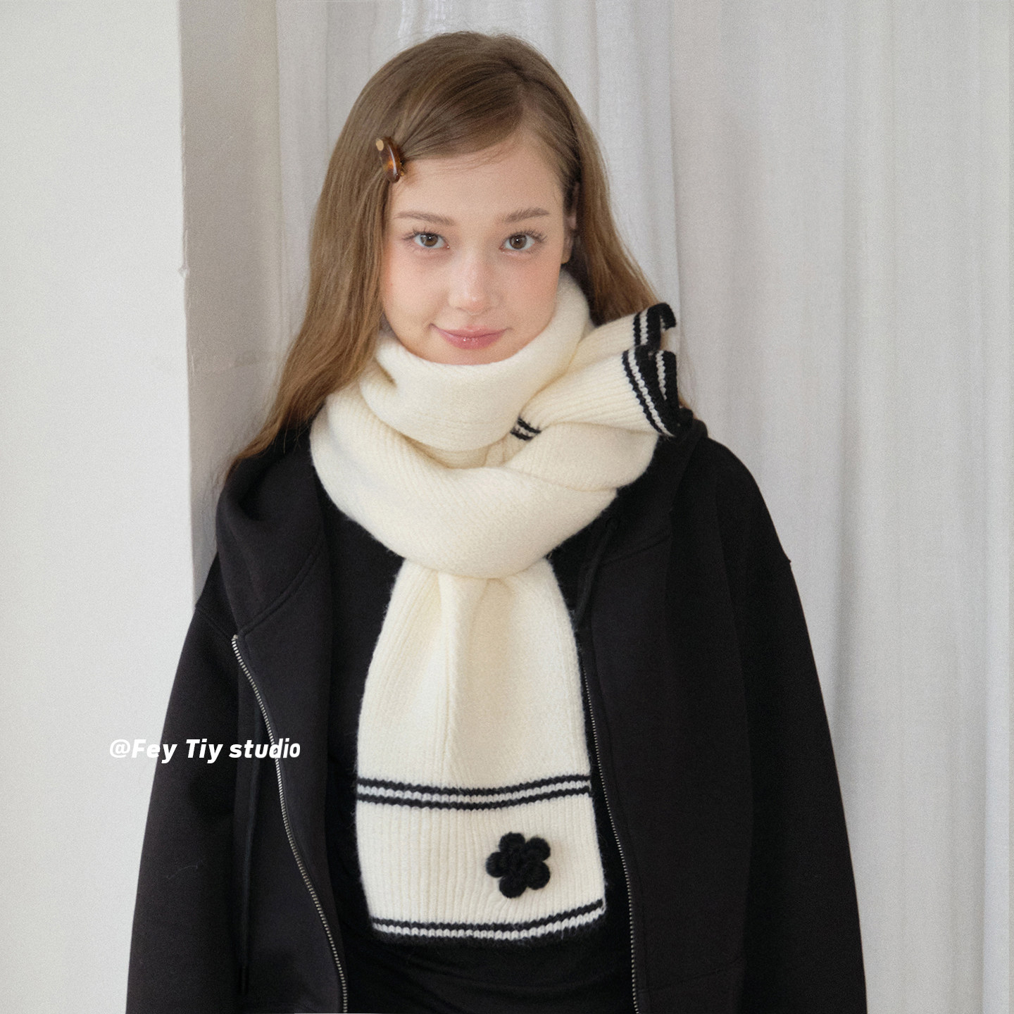 feytiy 软糯条纹小花针织围巾女学院风冬季加厚保暖围脖,服饰配件/皮带/帽子/围巾,围巾/丝巾/披肩,淘宝优惠券,粉丝福利购,淘宝优惠卷